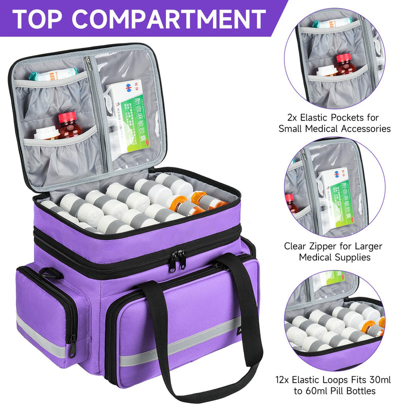 Large Pill Bottle Organizer,Double Layer Medicine Bag with Lockable Zippers | Medication Travel Bag with Shoulder Strap for Prescription Bottles, Vitamins & Medical Supplies, Purple (Bag Only) 2 LAYERS