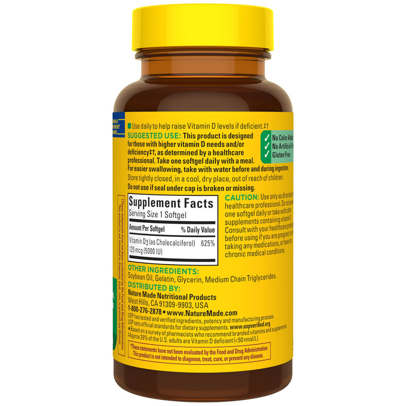 Nature Made Vitamin D3 5000 IU (125 mcg), 90 Vitamin D Softgels | Extra Strength Vitamin D Supplement for Immune, Bone, Teeth and Muscle Health Support, 90 Day Supply 90 Count (Pack of 1)