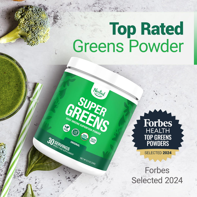 [Australia] - Nested Naturals Super Greens Daily Superfood Powder - Certified USDA Organic Green Powder w/20+ Whole Foods, Spirulina Powder,Wheat & Barley Grass - Probiotics, Fiber & Enzymes - Original Flavour, 30 Original (30 Servings) 