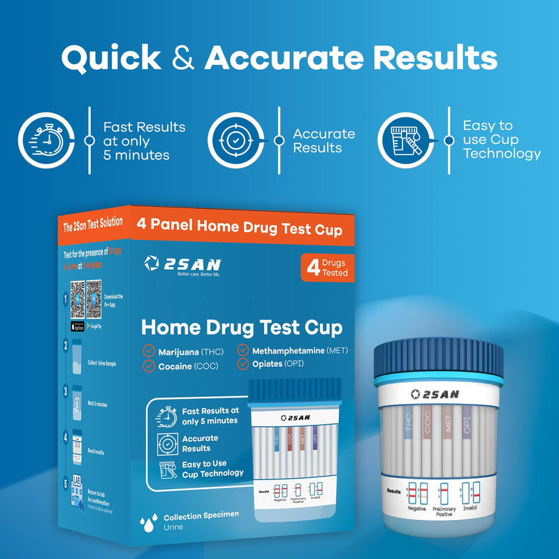 [Australia] - 2San 4-Panel Drug Test Cup – Fast 5-Min Results – Detects THC, Cocaine (COC), Methamphetamine (MET), Opiates (OPI) – Accurate Home & Workplace Urine Screening Kit – FSA/HSA Eligible 