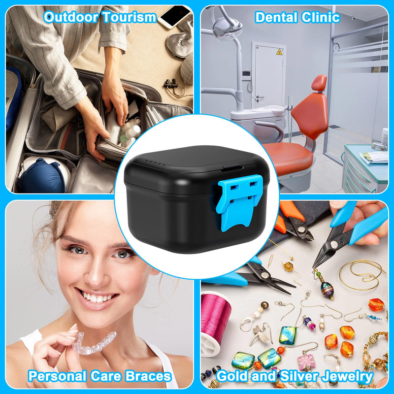 Denture Bath Case Leak Proof, Travel Denture Cup for Soaking Dentures & Retainer, Retainer Cleaner Case, Upgraded Double-Layer False Teeth Container with Strainer, Black+Light Green.