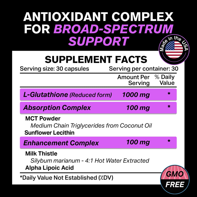 1000mg Glutathione for Immune Support - 100mg Absorption Complex - Reduced Liposomal Glutathione Supplement with Alpha Lipoic Acid - Brain Booster, Glowing Skin, Liver Support, 120 Vegetarian Capsules