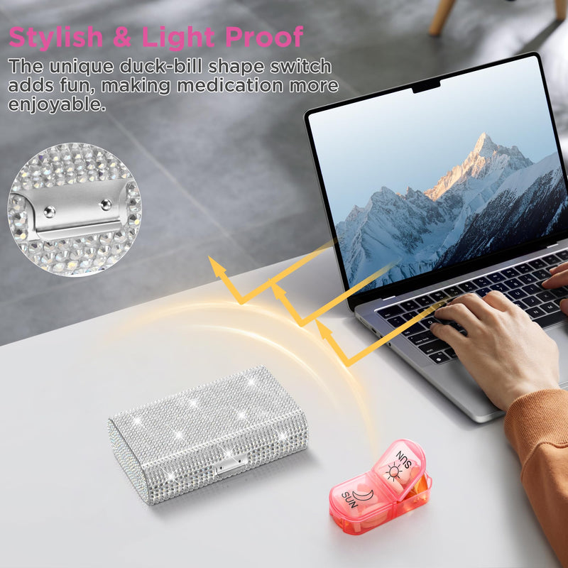 Zannaki Bling Metal XL Weekly Pill Organizer 2 Times a Day, Large Travel Daily Pill Box 7 Day, Portable Week Twice Pill Holder Container, AM PM Pill Case for Medicine Vitamin Medication Supplement Bling Silver