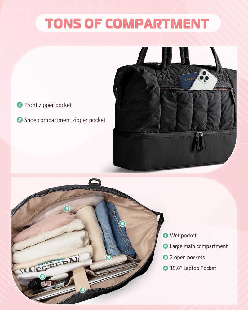 Smasrob Quilted Duffle Bag with Shoe Compartment, Wet Pocket, Laptop Pocket | Weekender Duffel Bag With a Separate Pouch for Travel, Gym, Hospital Labor Delivery Black
