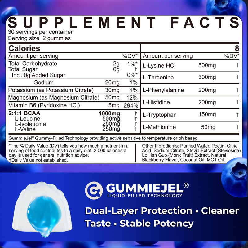Essential Amino Acids Supplements EAA BCAAs Gummies Sugar Free, Vegan 120ct | EAAs Nutritional Gummy w/ Electrolyte Hydration, Branched Chain Amino Acids Supplement for Women Men, Black Raspberry Flavor 60 Count (Pack of 2)
