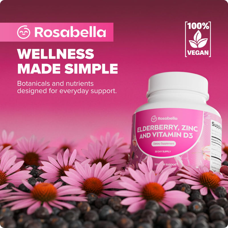 Rosabella Elderberry, Zinc & Vitamin D3 Capsules – Elderberry Supplement with Echinacea, Vitamin C & Zinc, Immune Support Supplement for Daily Wellness, Vegan Capsules – 90 Count (Pack of 1) 90 Count (Pack of 1)