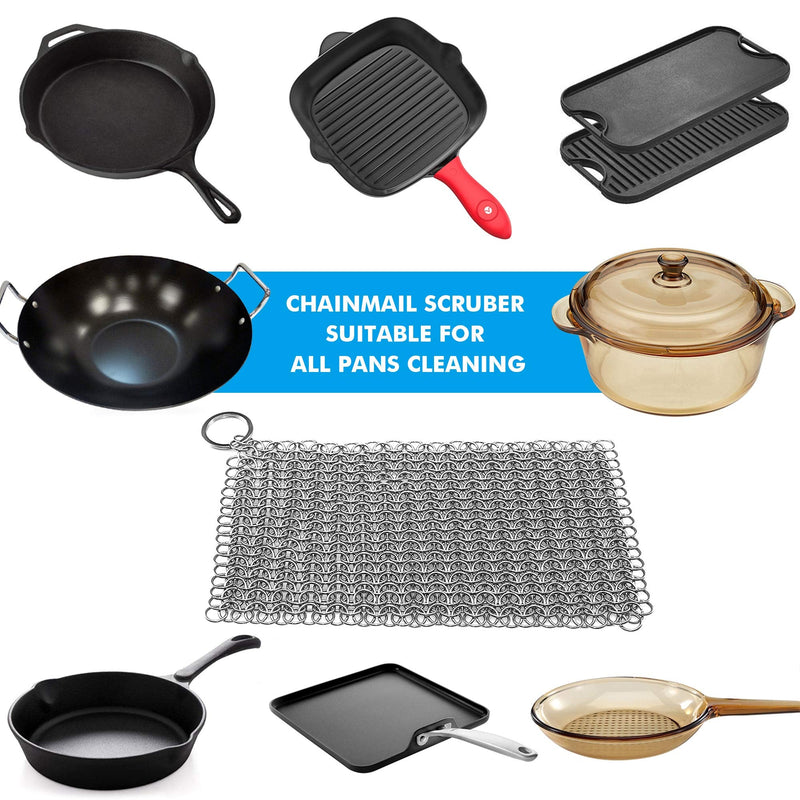 [Australia] - Cast Iron Scrubber 316 Stainless Steel Cast Iron Skillet Cleaner 8"x6" Chainmail Scrubber Scraper Chain Mail Link Scrub for Cast Iron Pre-Seasoned Pans, Griddles, BBQ Grills, and Pot Cookware Cleaning 