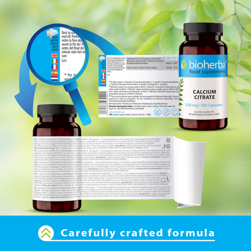 Calcium Citrate 330 mg – 100 Capsules | High-Absorption Supplement for Bones, Teeth, and Muscle Function by BIOHERBA 1 count (Pack of 100)
