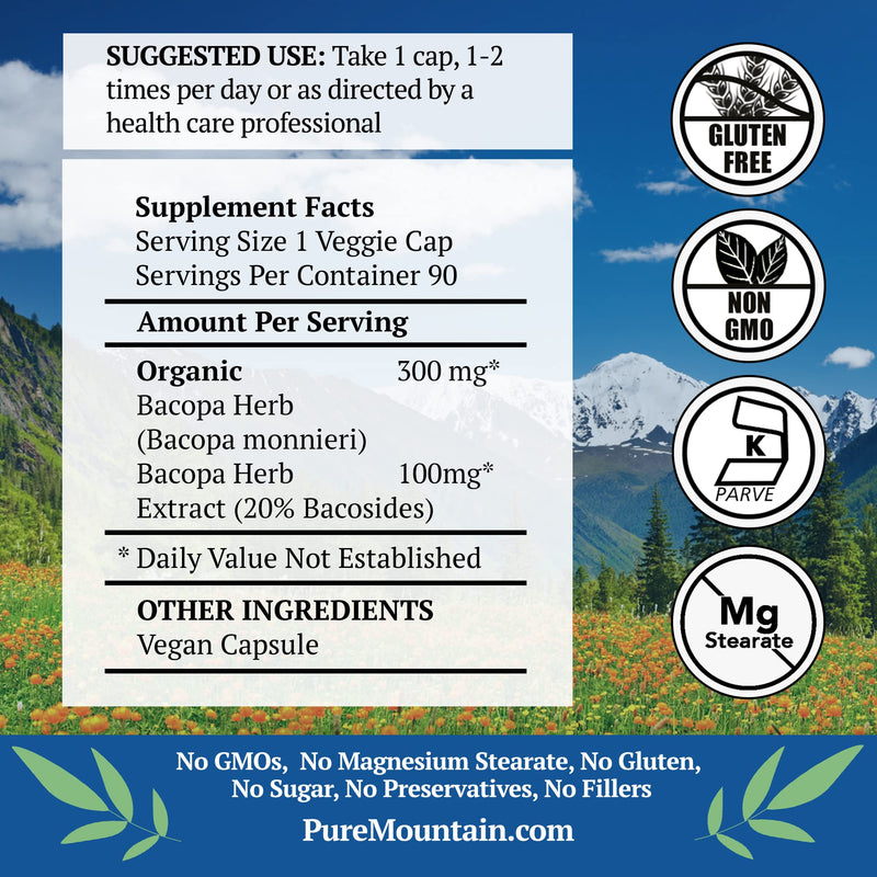 [Australia] - Pure Mountain Botanicals Bacopa Monnieri Capsules - Vegan Caps with Organic Bacopa & Standardized Bacopa Extract Supplement 