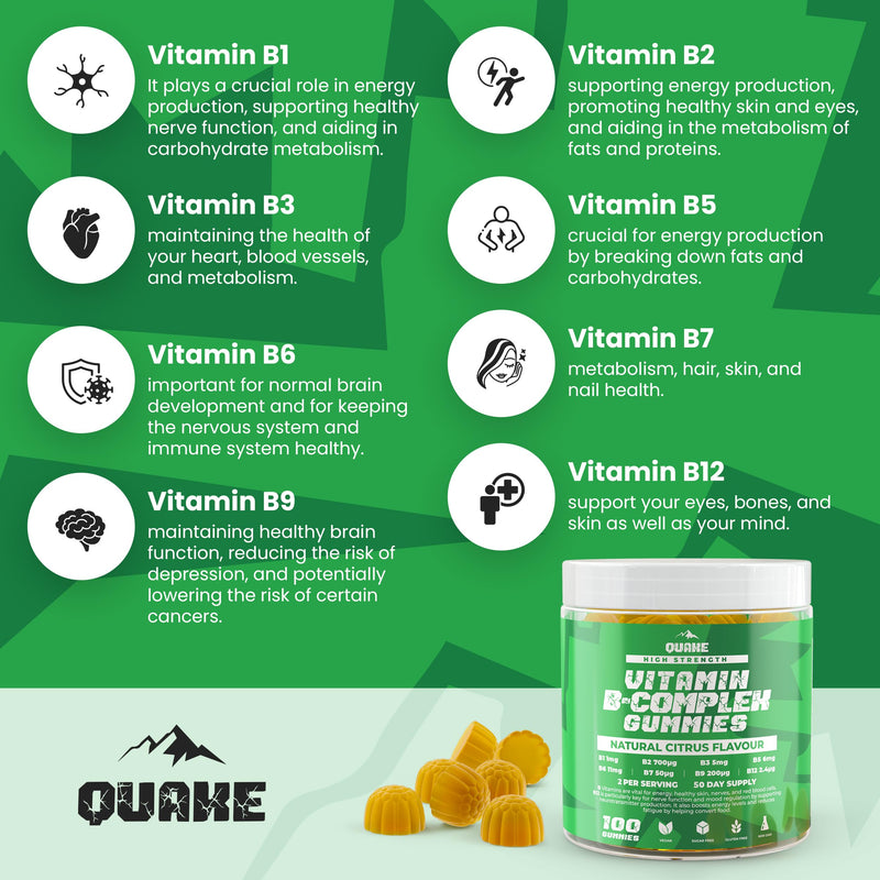 Quake Vitamin B Complex Gummies – High Strength B1, B2, B3, B5, B6, B7, B9 & B12 – Energy & Metabolism Support – Vegan, Sugar Free – Citrus Flavour – 100 Gummies (50 Day Supply)