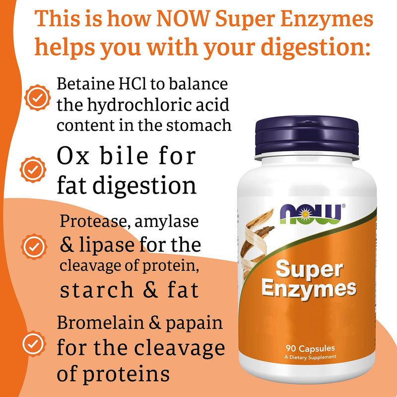 Now Foods, Super Enzyme, 90 Capsules, Lab-Tested, Highly Dosed, Gluten Free, SOYA Free, Non-GMO