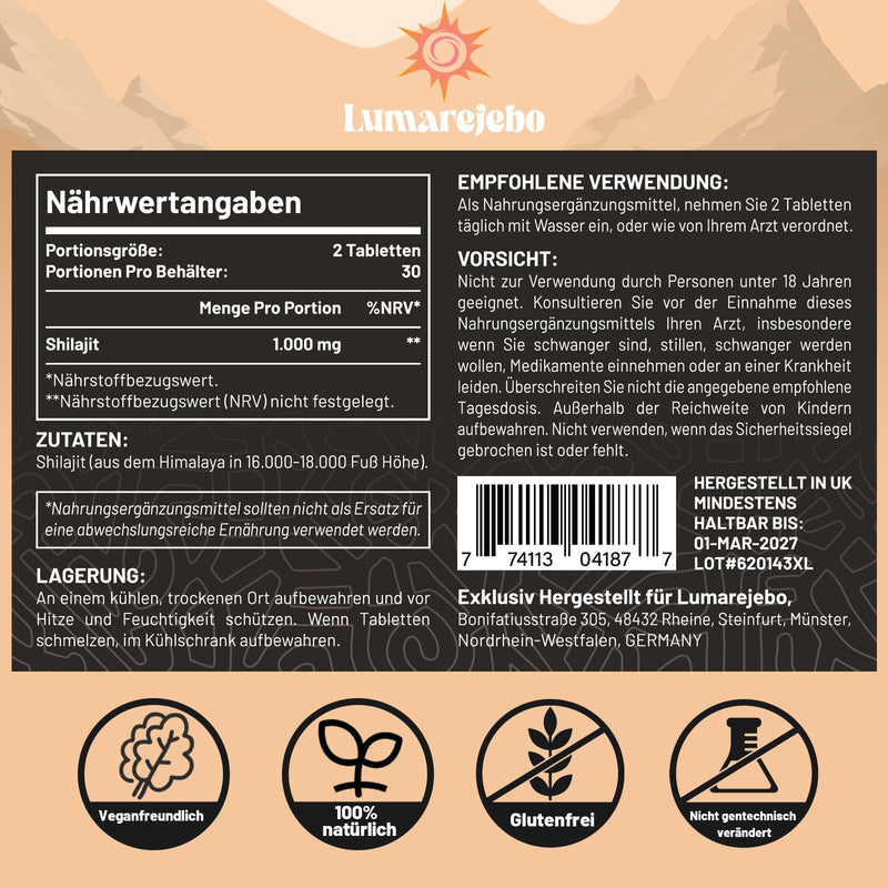 [Australia] - Lumarejebo Himalaya tablets 30,000 mg, 100% pure high-dose Himalayan extract, rich in 60% fulvic acid and 85+ minerals, for energy (60 tablets) 