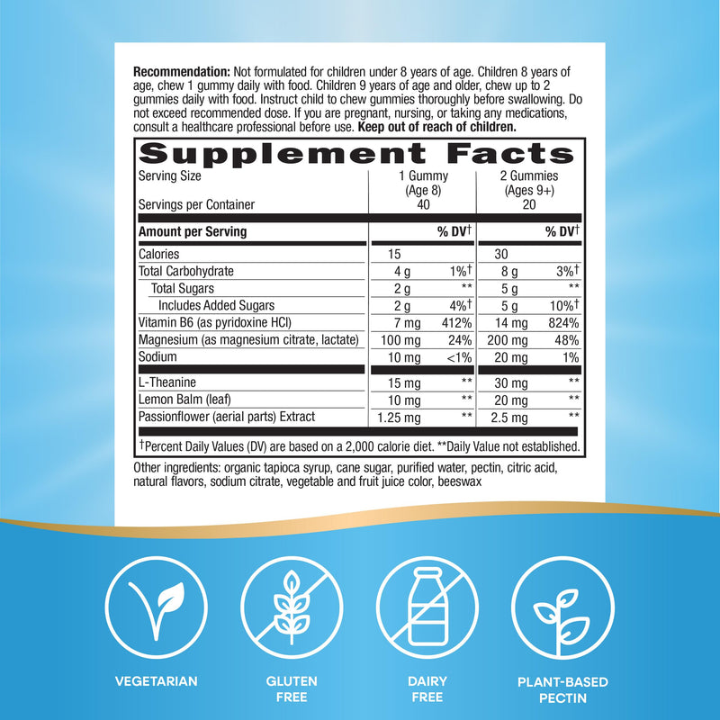 Nature's Way Kids Cool & Calm Gummies, Supports a Calm Mood*, 40 ct | For Kids Ages 8+, Lemon Balm, Magnesium, Vitamin B6, L-Theanine, Grape Flavored, Vegetarian, Dairy-Free, Gluten-Free 40 Count (Pack of 1)