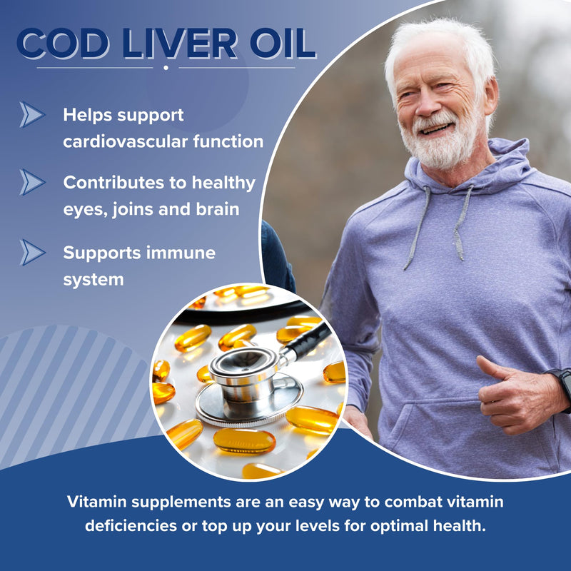 Grape Tree Cod Liver Oil 1000mg High Strength 240 Capsules. Cod Liver Oil Rich in Omega 3 EPA DHA Fatty Acids + Vitamins A, D & E High Strength Fish Oil. Supports, Heart Health, Brain, Vision, Joints