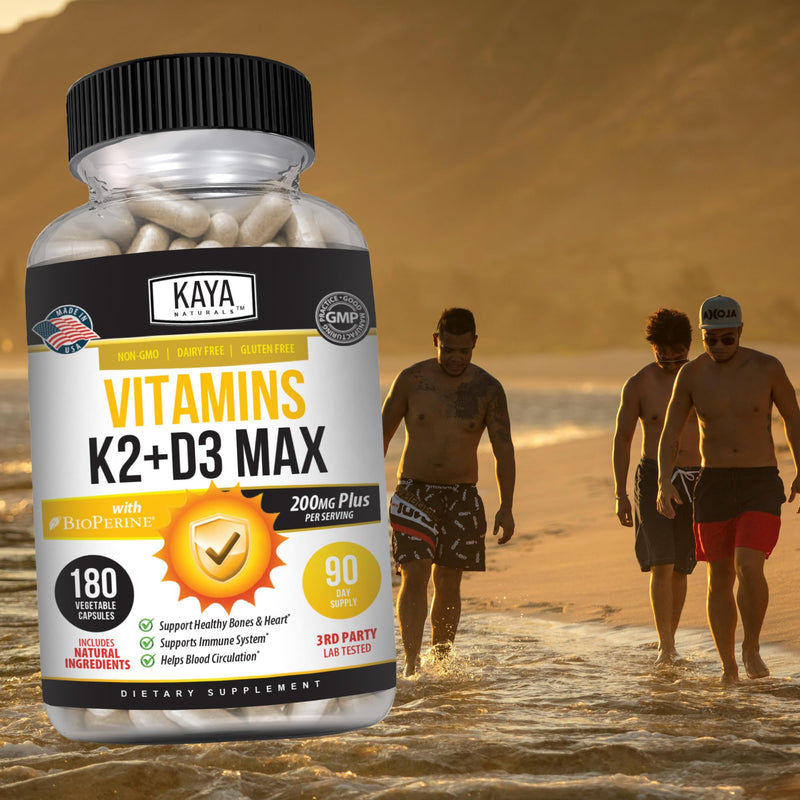 Kaya Naturals Vitamins K2 with D3 5000IU Supplement for Men and Women - Easy to Swallow - Bioperine Capsules (180 Count (Pack of 1) 180 Count (Pack of 1)