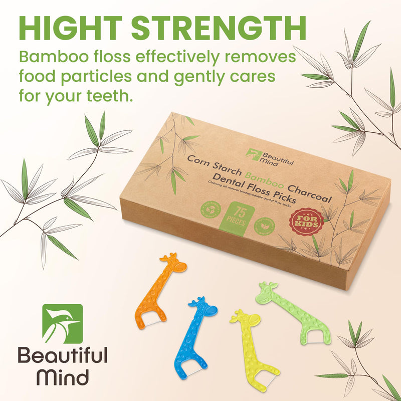 [Australia] - Dental Floss Picks for Kids 75 Pack ‚Äì Unflavored, No Fluoride Oral Tooth Flossers ‚Äì Biodegradable Flossing Sticks with Charcoal Infused Thread ‚Äì Giraffe Toothpick for Toddler Teeth ‚Äì Travel Case Size 