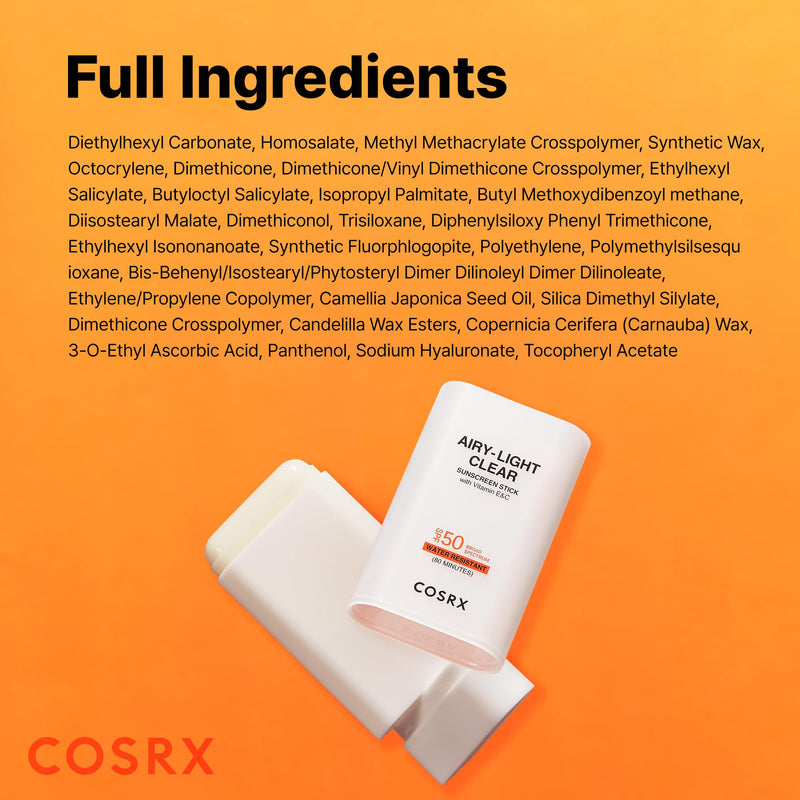 COSRX Airy-Light Clear Sunscreen Stick with Vitamin E&C, SPF 50, 0.67 oz | Korean Suncreen Stick Suncare Sunblock, Lightweight, No White Cast, Water resistant, Oil Control Matte Sunscreen for Face Vitamin E&C Sunscreen Stick (1 Pack)