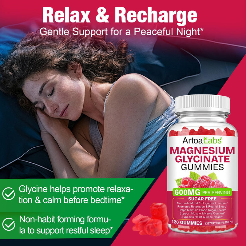 120ct Magnesium Glycinate Gummies,Raspberry Magnesium Gummy for Enhanced Focus, Restful Sleep, Balanced Blood Sugar (600mg Mg Glycinate) with VIT D3, B6 & Coq10 for Sleep Support,Relaxation