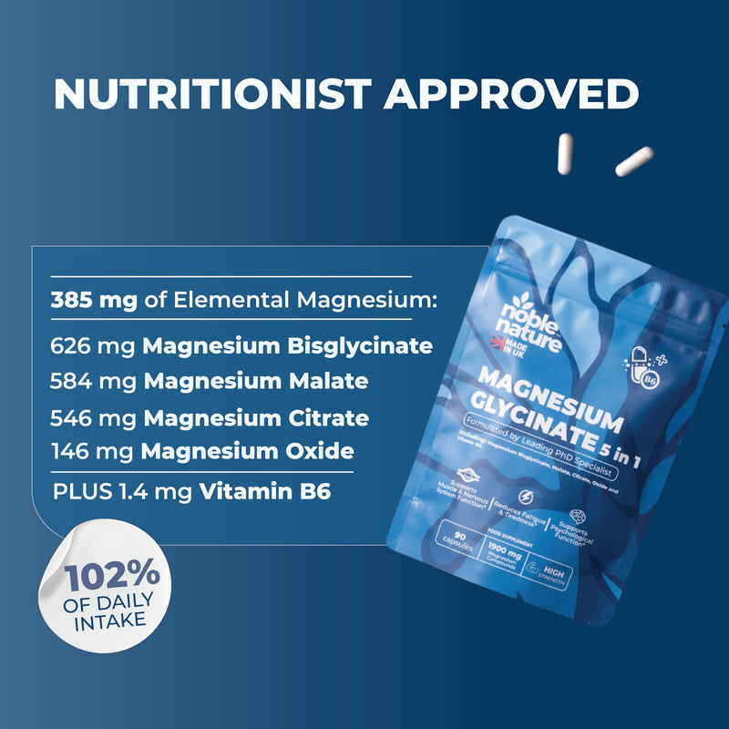 Magnesium Glycinate 5-in-1 Complex Formulated by PhD Expert High Strength 1900mg Supplements as Bisglycinate, Malate, Citrate, Oxide & Vitamin B6-90 GMO Free Capsules, 384mg Elemental, UK Made (90) 90