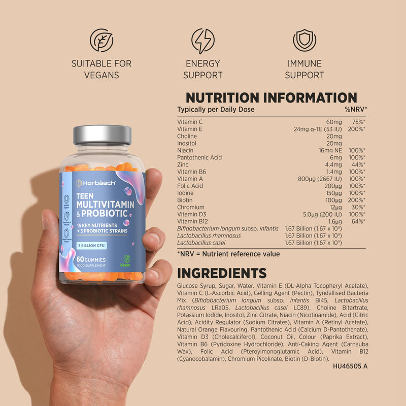 Teen Multivitamin Gummies with Probiotic | 60 Count | 15 Key Nutrients with Vitamin C, Biotin and Zinc | + 3 Biotic Strains | Natural Orange Flavour | Vegan | By Horbaach