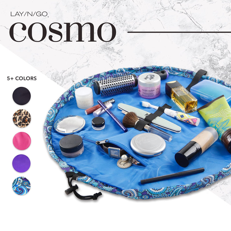 Lay-n-Go Cosmo Layflat Drawstring Cosmetic & Makeup Bag Organizer - Portable Drawstring Bag w/Zipper Pocket, Makeup Loops & More - Durable, Machine Washable Toiletry Bag for Travel (22", Blue Paisley) 22 inch