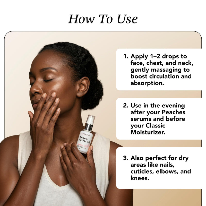 Peaches Skin Care Renew Facial Oil - Squalene Face Oil, 1 oz | Nourishing facial oil with squalene-rich olive oil and vitamins C and E for balanced, smoother-looking skin.