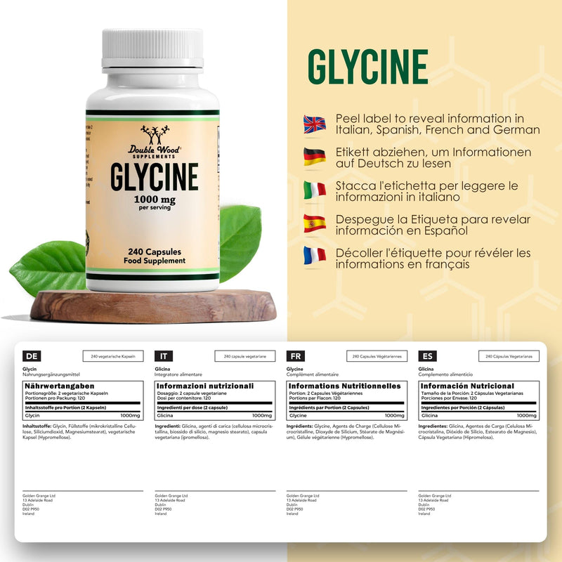 Double Wood Glycine Supplement | 240 High Strength Glycine Capsules - 1000mg per Serving | Amino Acid Supplement | Non-GMO & Gluten | Manufactured in The UK 240 count (Pack of 1)