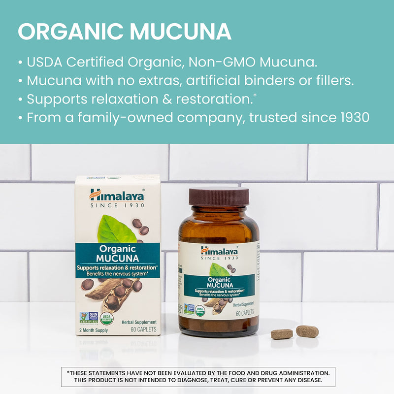 [Australia] - Himalaya Organic Mucuna Pruriens, 60 Day Supply - Herbal Supplement for Calming Relaxation from Tension and Promoting Brain Function - Vegan, Non-GMO, Gluten Free, 600 mg, 60 Caplets 60 Count (Pack of 1) 