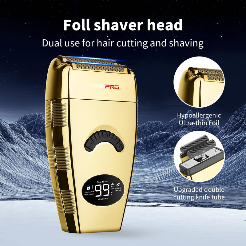 [Australia] - HIENA PRO Reciprocating Foil Shaver for Men, Professional Bald Precision Trimmer and Beard Trimmer, Electric Foil Shaver with USB Charging, Grooming Tools, Gifts for Men(Gold) Gold 