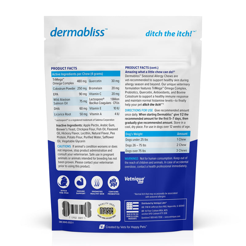 Vetnique Dermabliss Allergy Chews 30ct and Dermabliss Anti Itch Dog Shampoo Hickory Salmon Soft Chew Supplement Dog Allergy Shampoo - PawsPlanet Australia