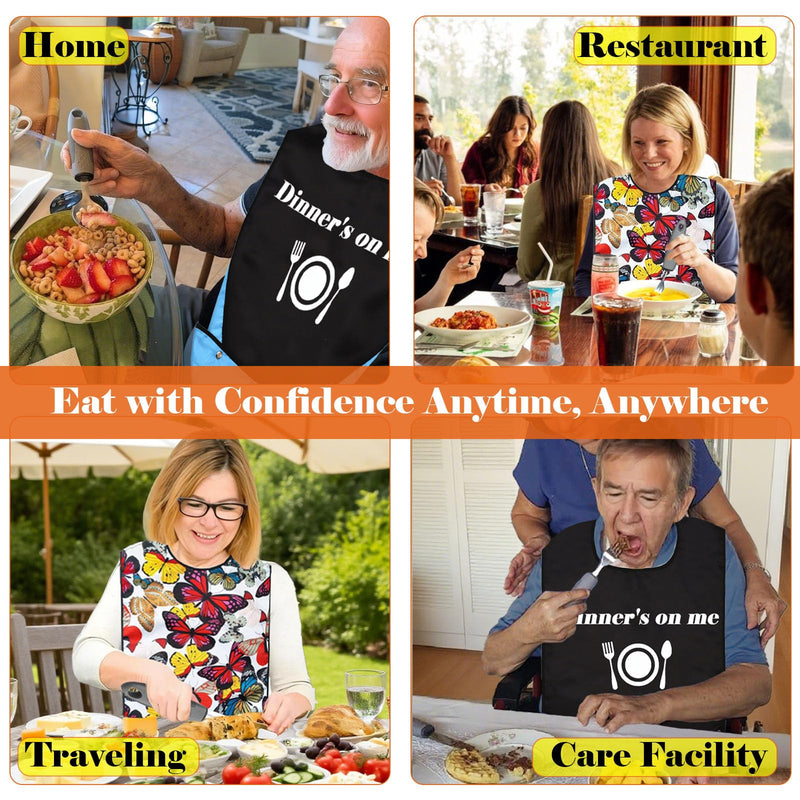 [Australia] - Adaptive Utensils with Adult Bib - 4pcs Weighted Utensils Set (2.5oz Each) for Hand Tremors, Elderly, Parkinson's, Arthritis - Non-Slip Easy Grip Handles for Independent Eating Gray 4 utensils + 1 bib butterfly 