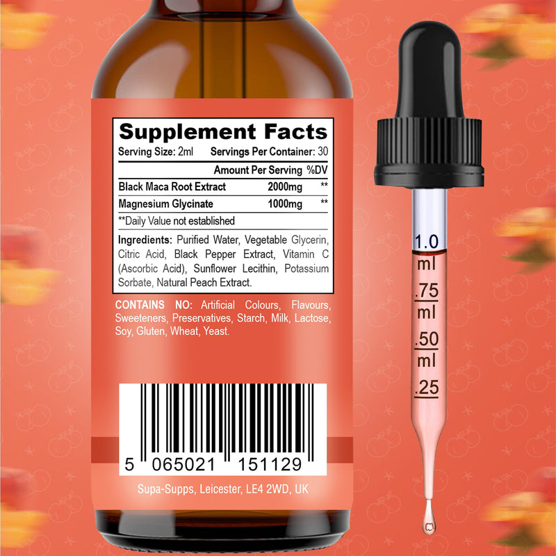 Maca Root & Magnesium Glycinate Liquid Drops 60ml - High Strength 2000mg Maca + 1000mg Magnesium per 2ml - Reduction of Tiredness & Fatigue, Normal Muscle Function, Nervous System Support