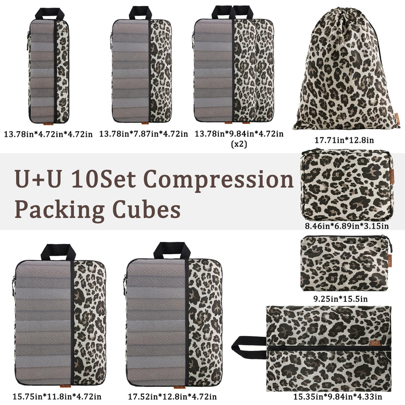 U+U 10 Set Compression Packing Cubes, Travel Organizers (Leopard) | Space-Saving & Complete Travel Set Leopard-02