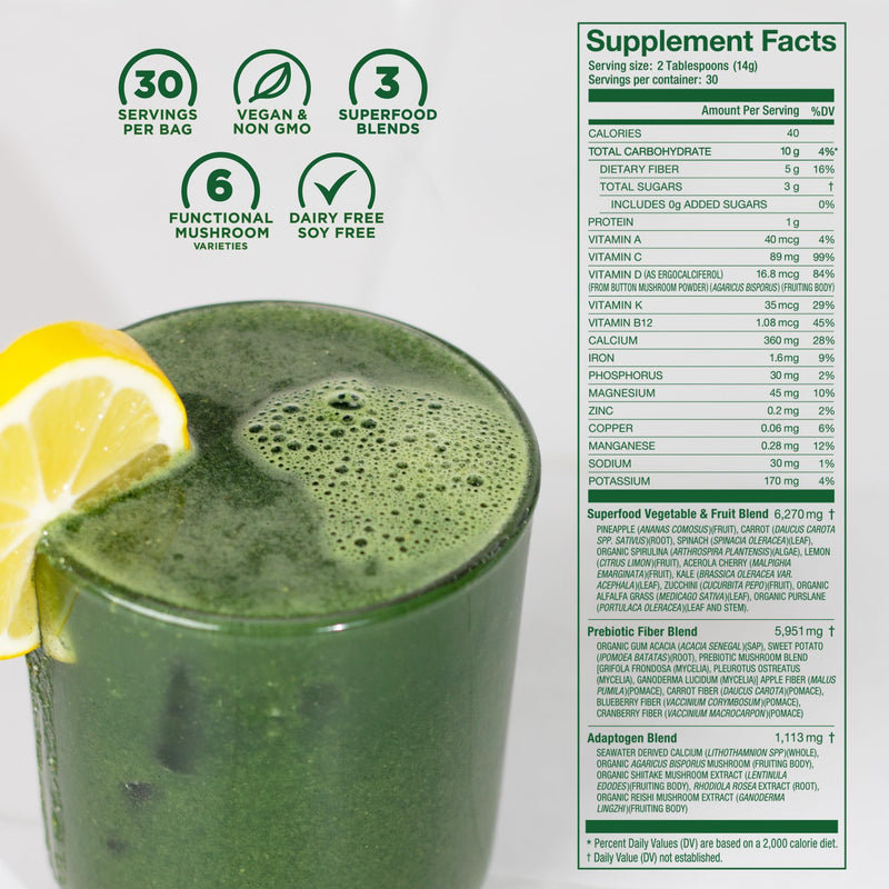 [Australia] - Laird Superfood Prebiotic Daily Greens Powder – Essential Vitamins & Minerals - Prebiotic Fiber, Adaptogen and Fruits & Vegetables – Supports Gut Health – Non-GMO, Vegan - 14.8 oz Bag, Pack of 1 Prebiotic Daily Greens Bulk 