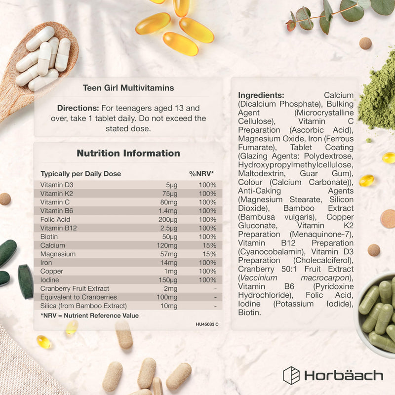 Multivitamin Tablets for Teen Girls | 120 Count | 14 Essential A-Z Vitamins and Nutrients | with Iron, Vitamin B12, Folic Acid and Magnesium | Vegetarian | By Horbaach