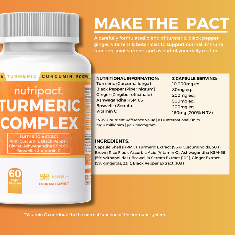 Turmeric & Black Pepper Capsules 10,000mg Per Serving - High Strength Turmeric Curcumin Supplement with Ginger, Ashwagandha, Boswellia & Vitamin C - 95% Curcuminoids - 60 Vegan Capsules
