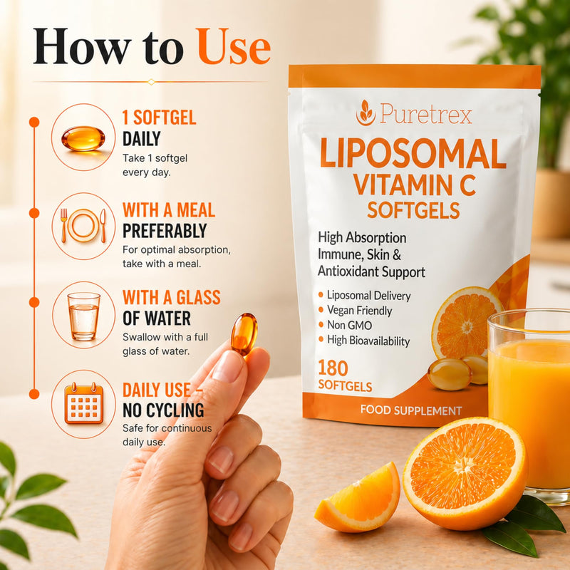 PURETREX Liposomal Vitamin C 1000mg Softgels, Zinc Quercetin BioPerine Complex, Vegan Daily Nutrition Supplement, Gentle Capsule Formula, Clean Non GMO, Made in UK, 180 Softgels