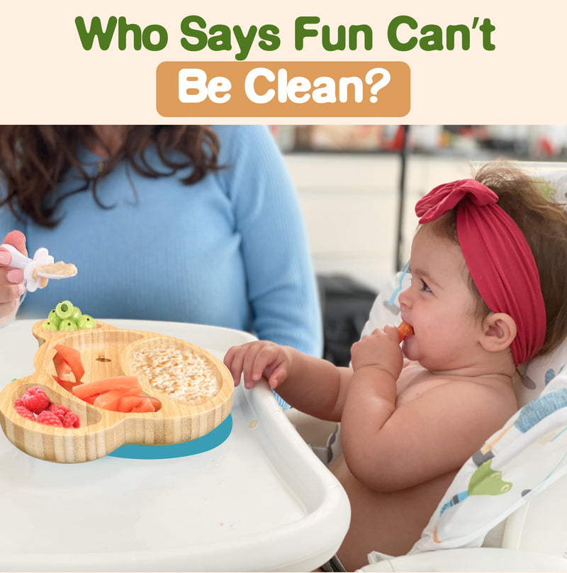 [Australia] - Bamboo Plates For Kids | Baby and Toddler Bamboo Suction Plate for Babies Feeding and Weaning | Promotes Self-Feeding with Eco-Friendly Sturdy Bear Design | Suction Plates for Busy Moms & Dads | Blue 