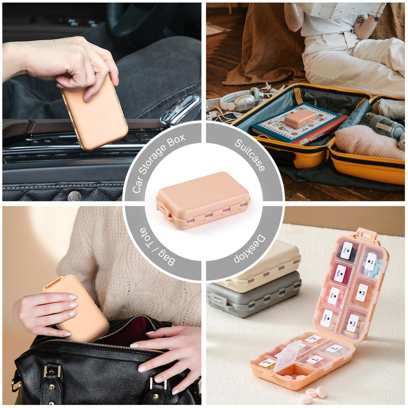 [Australia] - 3 Pack, 14 GRIDS Travel Pill Organizer Box with Labels - Travel Medicine Case Kit - Pocket Daily Pharmacy Container - Travel Medication Holder Dispenser for Fish Oil Vitamin Supplement Storage Khaki+pink+grey 