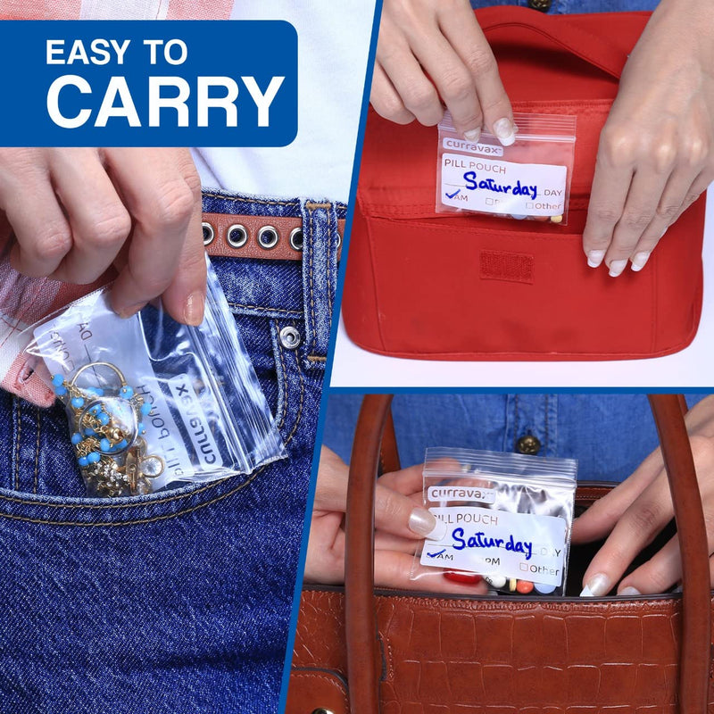 Pill Bags for Travel Pill Pouch Organizer Pack of 225 BPA Free 3 x 2.75 inch Pill Pouches for Medicine with Write on Label & Waterproof Zipper Seal AM PM Pill Baggies for Vitamins by CURRAVAX