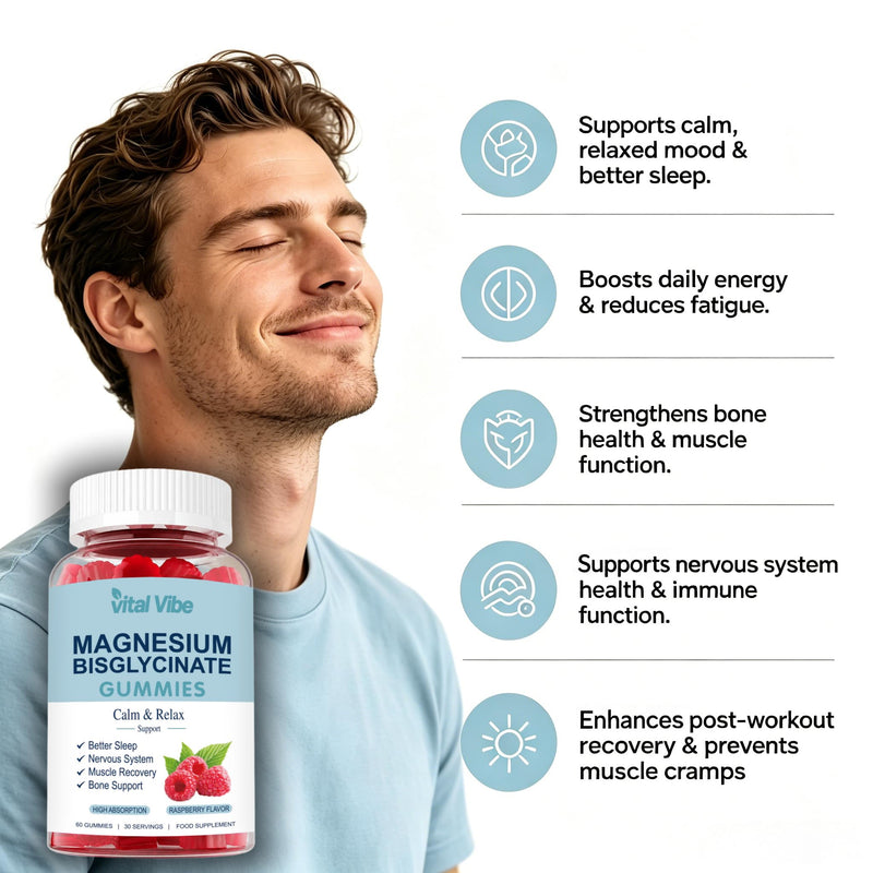 Magnesium Bisglycinate Gummies 400mg, Chelated Magnesium Bisglycinate for Adult - Vitamin C, D3 & B6, for Sleep, Calm & Relaxation, Muscle & Energy - Raspberry Flavor, 60 Vegan Gummies