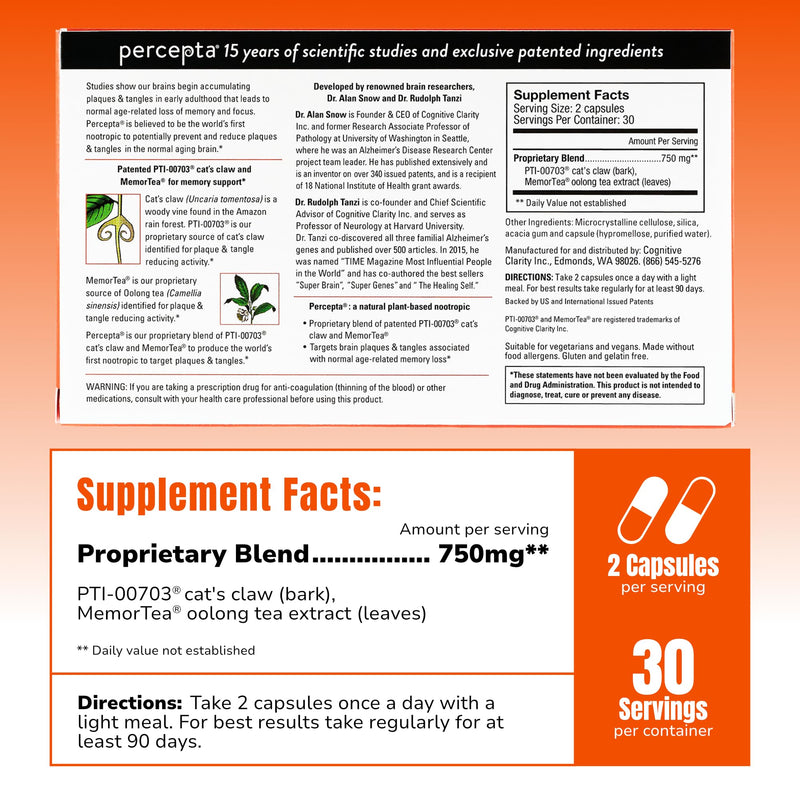 [Australia] - Percepta Plant-Based Memory Support - Natural Nootropic Brain Booster - Memory, Focus, Concentration - 30 day supply 