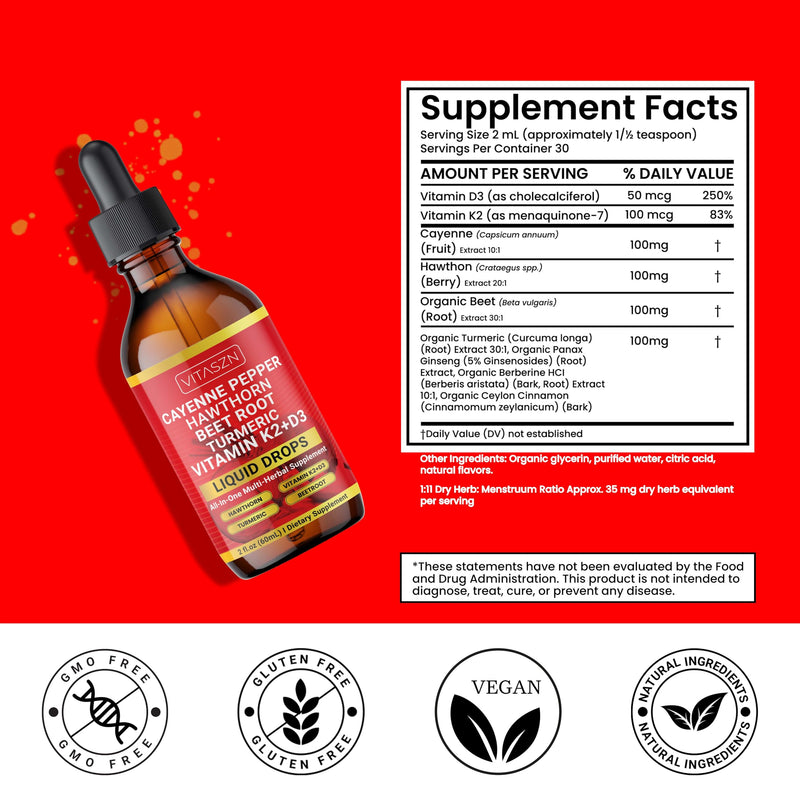[Australia] - Cayenne Pepper Drops Liquid Supplement with Hawthorn Berry, Vitamin D3 + K2, Beet Root, Ceylon Cinnamon, Turmeric Curcumin, Panax Ginseng & Berberine Vegan-Friendly, Easily Absorbed 2oz - 60ml 