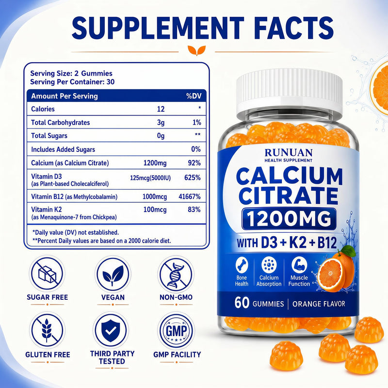 2 Pack Calcium Citrate 1200mg Gummies with Vitamin D3 K2 B12 For Women Men | Calcio D3 K2 B12 Supplement For Strong Bones Teeth Muscles Daily Energy Support, Sugar Free, Vegan Orange Gummy, 120 Count 120 Count (Pack of 1)