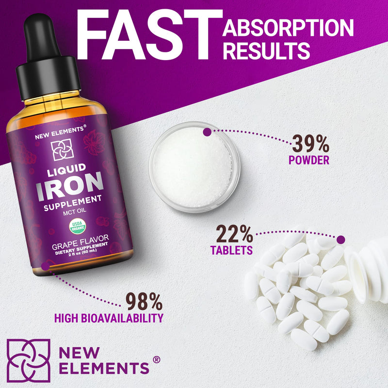 [Australia] - Iron Supplement for Women & Men Free Blood Builder, Iron Vitamin for Anemia USDA Organic Liquid Iron Drops for Adults with MCT Oil, Natural Grape Flavor, Faster Absorption & Immune Support, 2 Fl Oz 