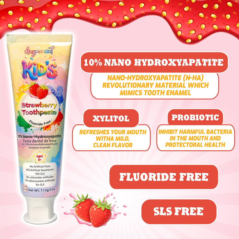 Anymoment Kids Toothpaste, 10% Nano Hydroxyapatite, Fluoride Free, 3-Pack | Natural Strawberry Flavor for Ages 2+, SLS Free with Xylitol, Probiotics & Vitamin E Pack of 3