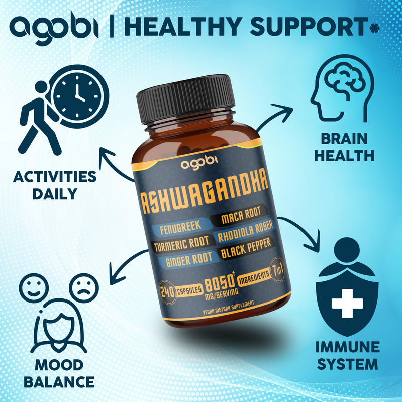 [Australia] - 240 Capsules - 8 Month Supply - 7in1 Ashwagandha 8050mg - Combined with Fenugreek, Maca, Turmeric, Rhodiola, Ginger, and Black Pepper - Mood, Strength, Spirit and Energy Support Supplement 