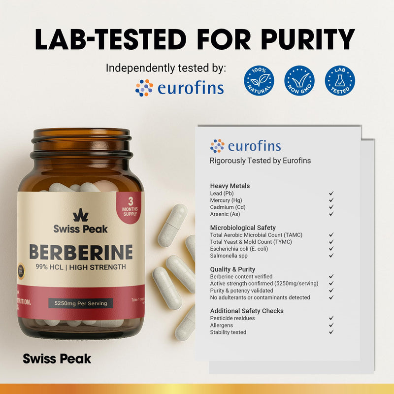 Swiss Peak Berberine 5250mg Per Serving, High Strength 99% HCL, Enhanced with Ceylon Cinnamon & Black Pepper Extract, 90 Vegan Capsules, 3 Month Supply, UK Made, Non-GMO, Gluten Free