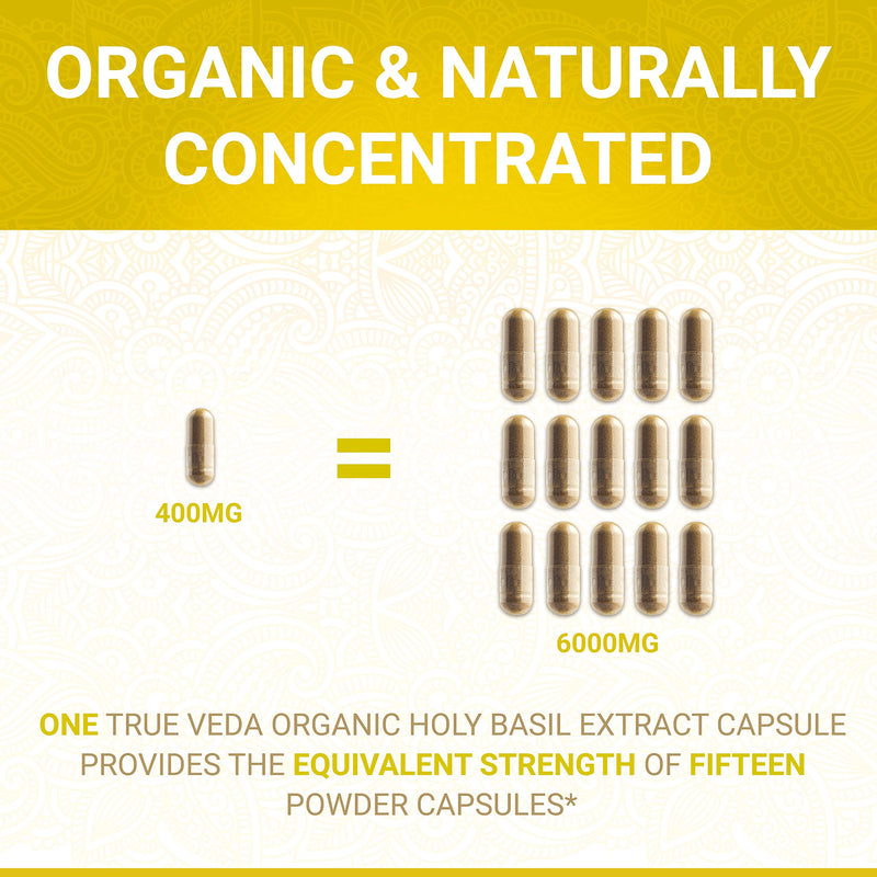 USDA Organic Holy Basil Supplement, 15:1 Tulsi, Vitamin B6, 60 Vegan Caps | USDA Certified Organic Supplements| Tulsi Holy Basil Plant Extract 15:1 |2.5% Ursolic Acid| Vitamin B6 |Ayurveda | True Veda 60 Count (Pack of 1)