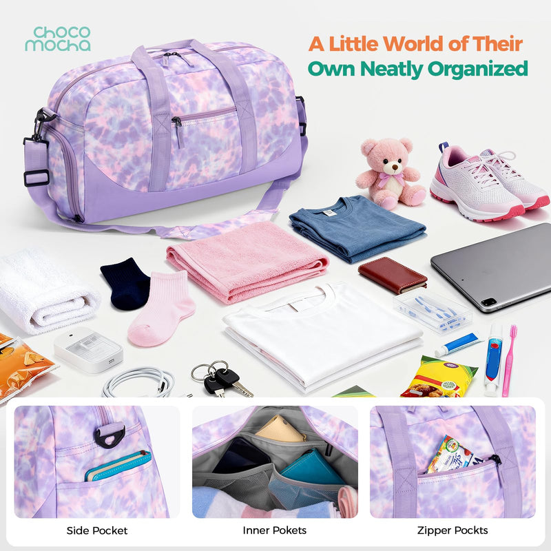 Duffle Bag for Kids - Tie Dye Overnight Bags Set for Girls & Boys with Shoes Compartment, Cute Weekender Bag for Sleepover Travel, Pink & Blue